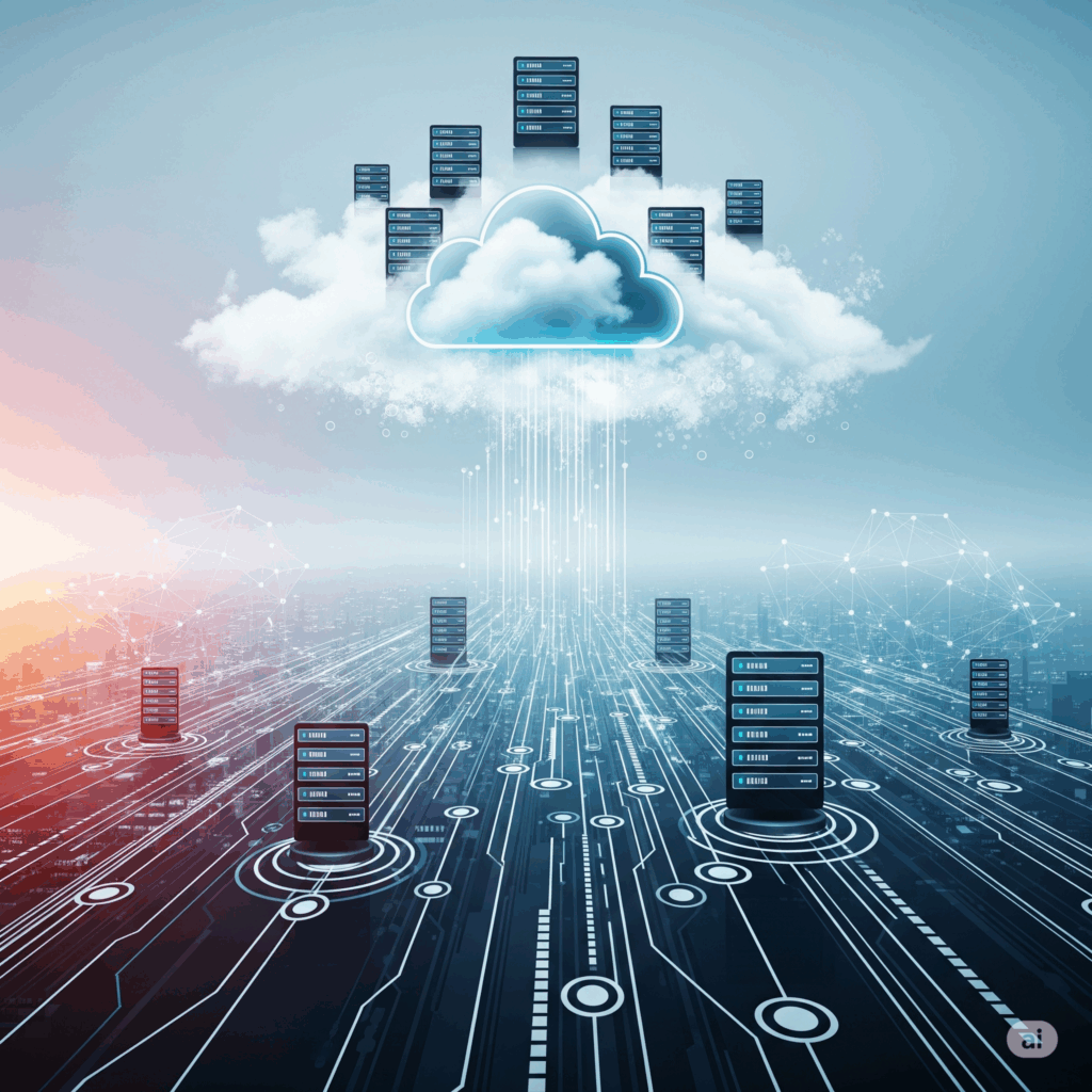 Symboliczna grafika przedstawiająca koncepcję chmury obliczeniowej: sieć połączeń, serwery i dane unoszące się w stylizowanej chmurze nad miastem.