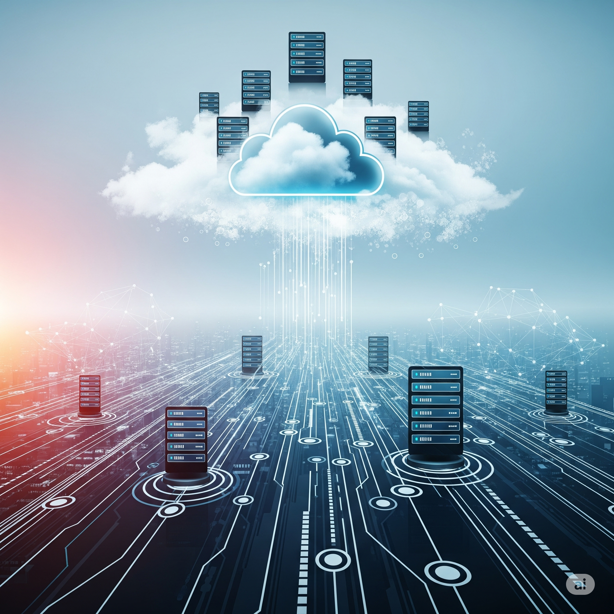 Symboliczna grafika przedstawiająca koncepcję chmury obliczeniowej: sieć połączeń, serwery i dane unoszące się w stylizowanej chmurze nad miastem.